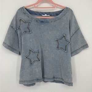 Jane & Delancey Women's Distressed Denim-look Star Embellished Top Size Large